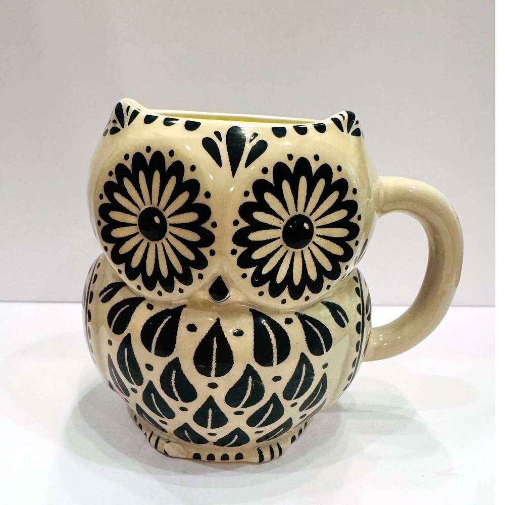 Natural Life Owl Mug Black White Boho Ceramic Coffee‎ Cup Floral Eyes Gift Idea